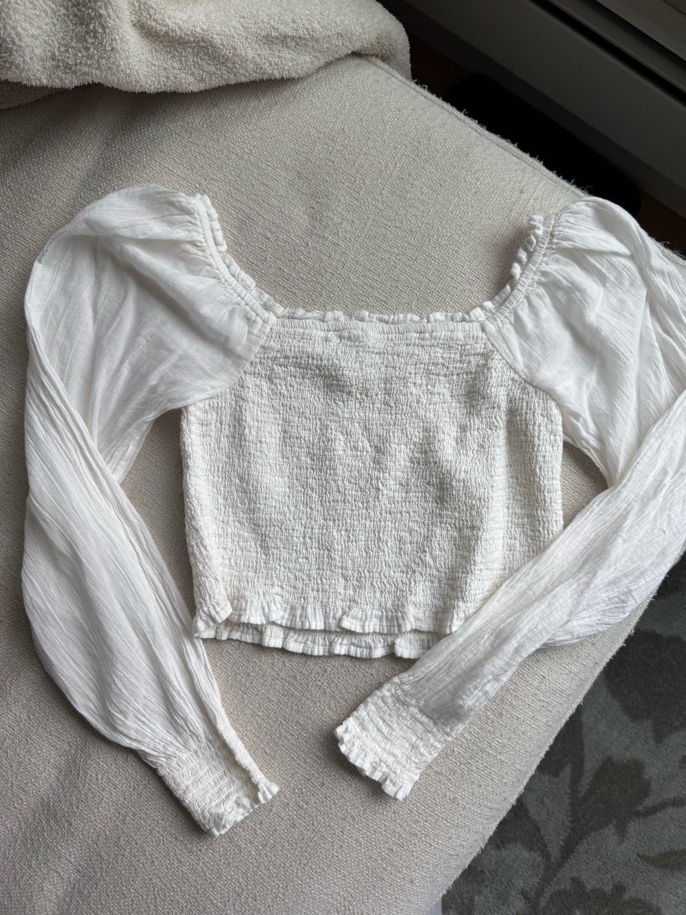 aerie White Smocked Square-Neck Crop Top